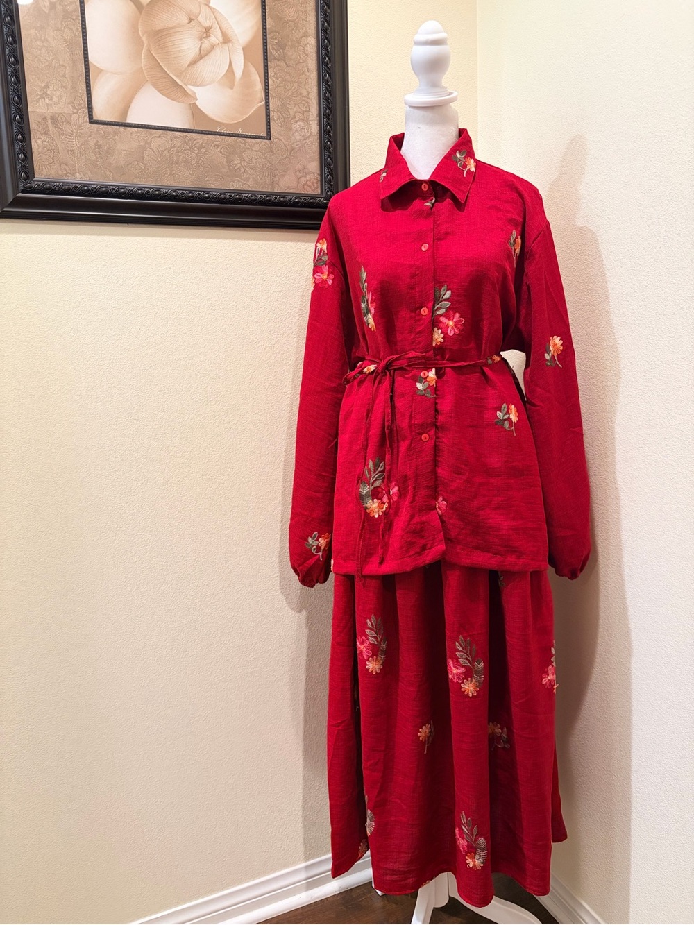 Double D Bangkok One Size Red Embroidered Blouse and Maxi Skirt Set  NWOT